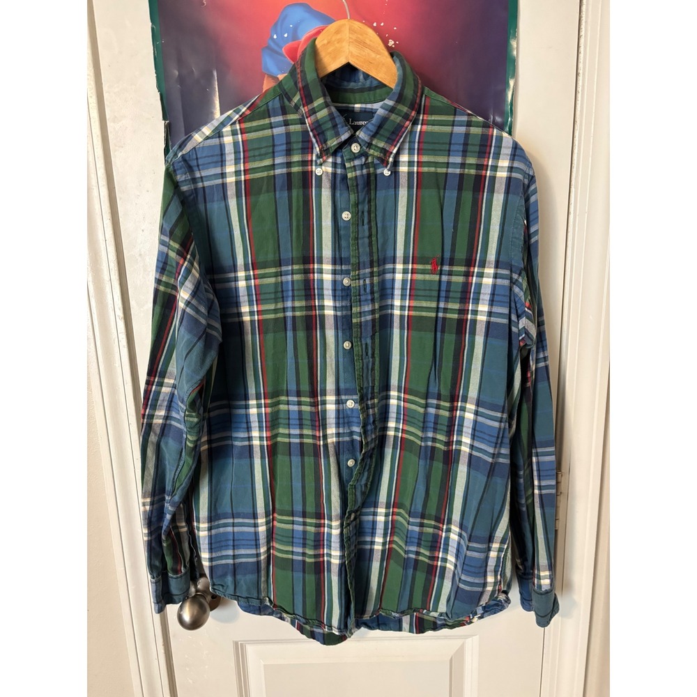 Polo Ralph Lauren Mens Green Blue Plaid Button Down Shirt Long Sleeve L